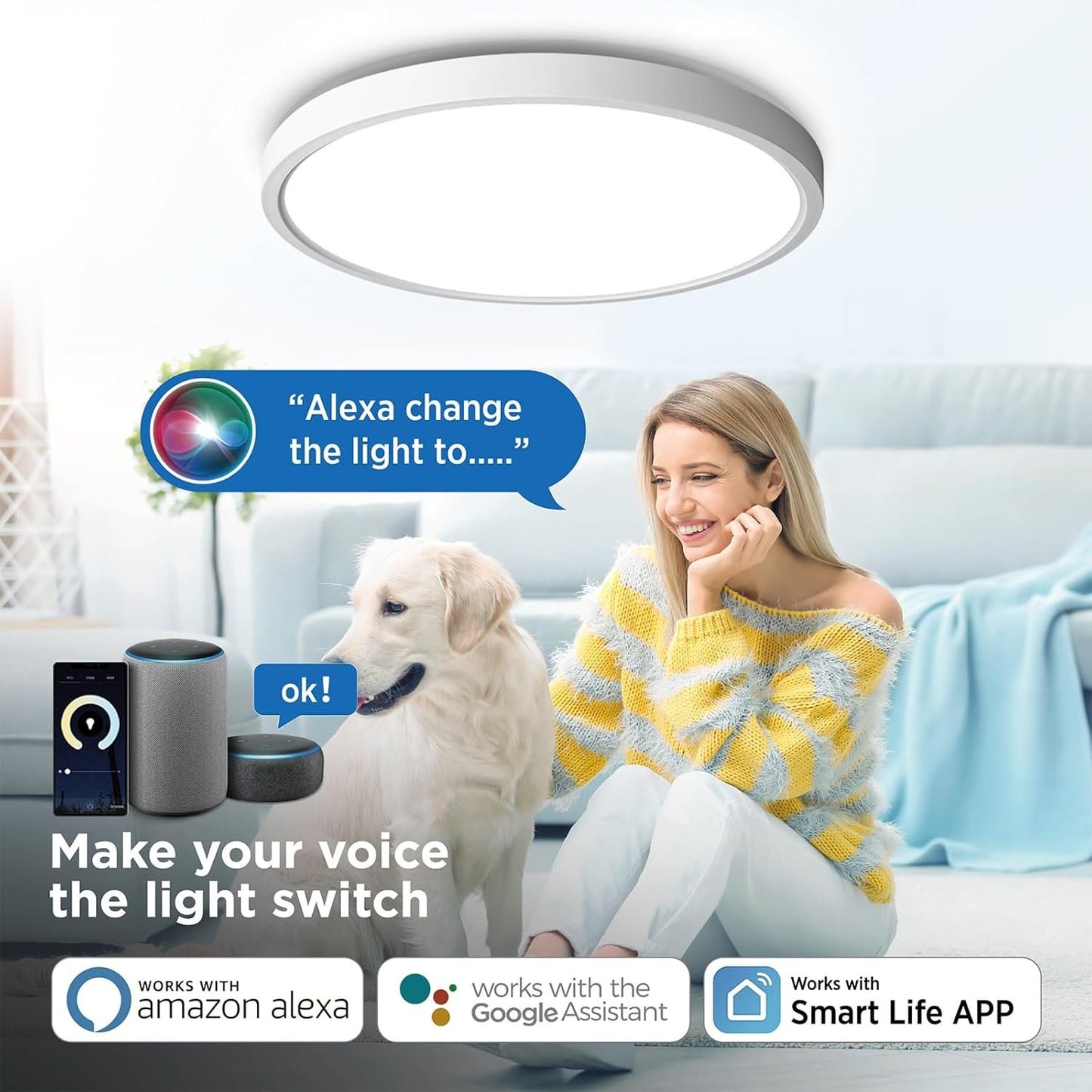 TALOYA Smart Ceiling Light Flush Mount LED WiFi,Compatible with Alexa Google Home,Dimmable Low Profile Ambient Light Fixture for Bedroom Living Room Hallway Kitchen Nursery,12 Inch,RGB