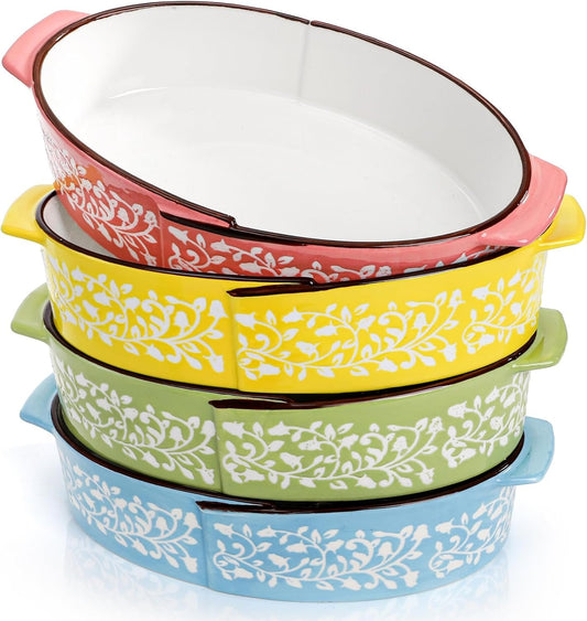 Goaste 4 Pack Oval Au Gratin Baking Dishes, 9.5 Inch Porcelain Baking Pans, 27 oz Individual Casserole Dish Bowls, Ceramic Bakeware with Double Handle for Roasting, Lasagna, Oven Safe(Assorted Colors)