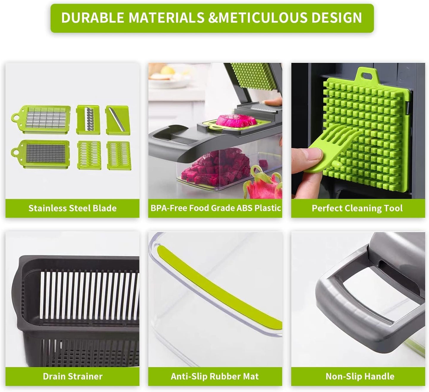 Vegetable Chopper Cutter Slicer Multifunctional 13-in-1 Food Veggie Onion Potato Fruit Chopper Cutter Dicer with Container, 8 Interchangable Blades, Hand Protector, Drain Strainer, Cleaning Brush