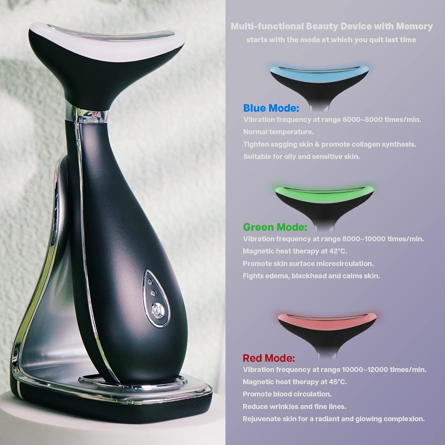 VRAIKO Lily Neck Face Massager, Face Sculpting Tool, Skin Rejuvenation Device with Thermal, Triple Action LED and Vibration, for Anti-Aging, Lifting and Tightening (Frosted Black)