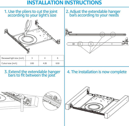 TORCHSTAR New Construction Mounting Plate, 3/4/6 Inch LED Recessed Lighting Kits, Compatibility Upgrade, Extendable Hanger Bars, Shallow Recessed Light Housing, Pack of 6