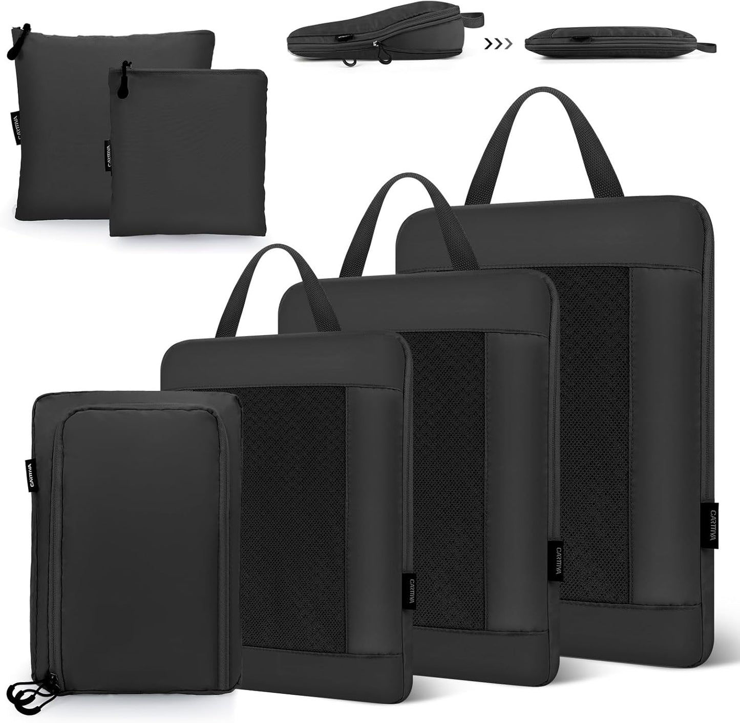 Carttiya Space-Saving Travel Suitcase Organizer Set, Waterproof Expandable Ultralight Compression Packing Cubes, Suitcase Organizers, Travel Backpack Organizers (Black, 6 Pieces)