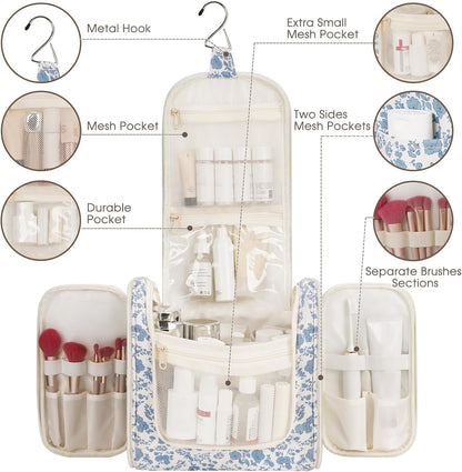 Narwey Hanging Toiletry Bag for Women Travel Makeup Bag Organizer Toiletries Bag for Cosmetics Essentials Accessories (Large, Little Blue Flower)