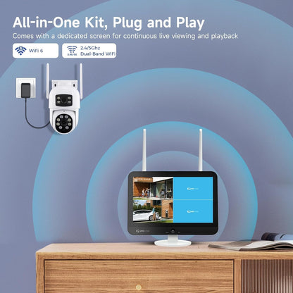 2K Wi-Fi 6 Wireless Security Camera System with 12" Monitor, Dual Lens WiFi Security Cameras with 360° Pan Tilt & Auto Tracking, 16CH NVR with 1TB HDD, 5G&2.4G WiFi, 24/7 Record,Plug-in Power