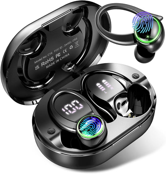 Wireless Earbuds Sport, Écouteur Bluetooth 5.4, HiFi Stereo Ear Buds, ENC Noise Cancelling Mic Headphones, 50H Dual LED Display Casque, in Ear Earphones with Earhooks, for Running/Fitness/Workout