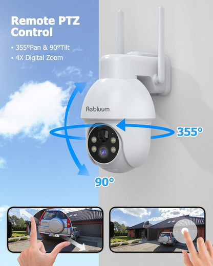 Security Camera Wireless Outdoor, 2K Solar Security Camera,Battery Powered 360°PTZ Outdoor Camera,Color Night Vision,2-Way Audio,PIR Motion Detection,Compatible with Alexa