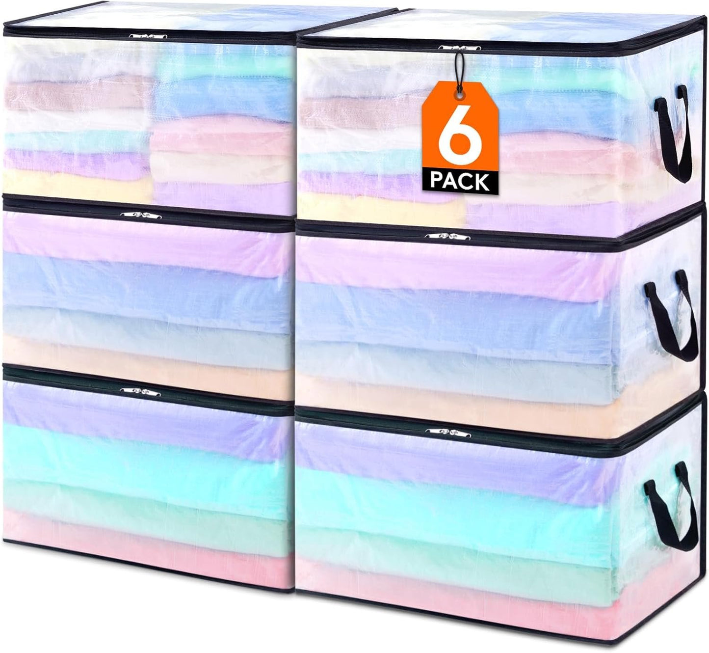 Lifewit 6 Pack Plastic Clothes Storage Bags, 60L Foldable Storage Containers Closet Organizers and Storage Moving Bags with Sturdy Zipper Lids Reinforced Handle for Bedding, Blanket, Comforter