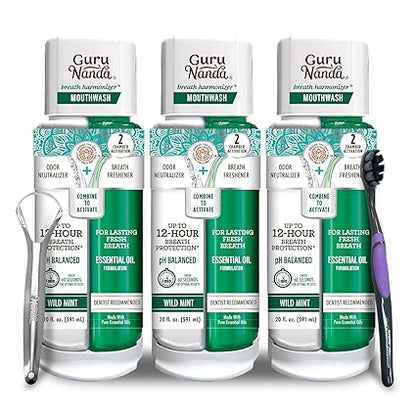 GuruNanda Dual Barrel Breath Harmonizer Mouthwash - Freshens Breath - Alcohol & Fluoride Free with Sodium Chlorite & Essential Oils - Wild Mint Flavor, 3 Pack