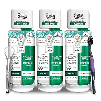 GuruNanda Dual Barrel Breath Harmonizer Mouthwash - Freshens Breath - Alcohol & Fluoride Free with Sodium Chlorite & Essential Oils - Wild Mint Flavor, 3 Pack