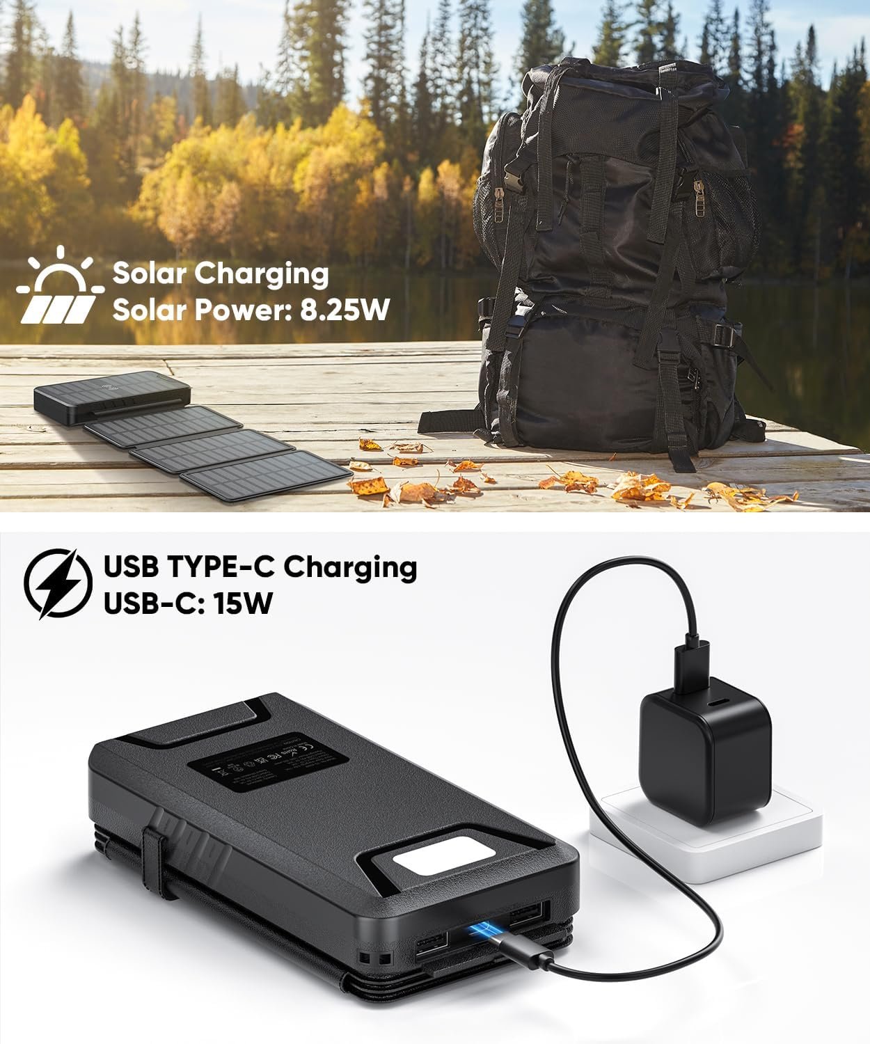 Solar-Charger-Power-Bank - 38800mAh with Dual 5V3.1A Outputs 10W Qi Wireless Charger Waterproof Built-in 4 Solar Panel and Bright Flashlights