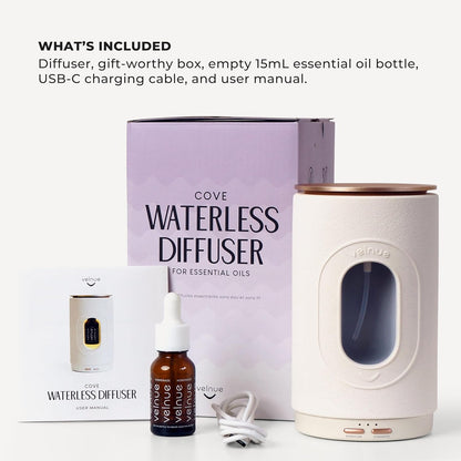 Waterless Nebulizing Essential Oil Diffuser - Battery Operated & Portable | Cordless Diffuser for Large Room Aromatherapy | Wireless Nebulizer & USB Rechargeable | Model: Cove (Ceramic Cream)