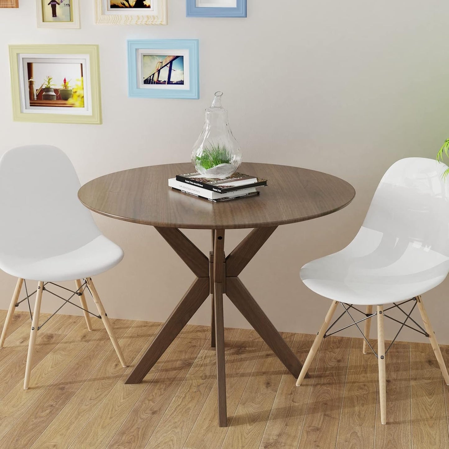 Giantex 36 Inch Round Wood Dining Table, Farmhouse Kitchen Table with Intersecting Pedestal Base & Adjustable Foot Pads, Vintage Coffee Table W/Tabletop & Solid Wood Legs, Modern Side Table, Walnut