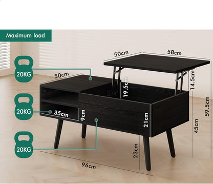 ALFORDSON Lift Tabletop Coffee Table Center Table Black Color, Living Room Office Reception Dining Table with Rising Top, Hidden Storage and Side Open Shelves