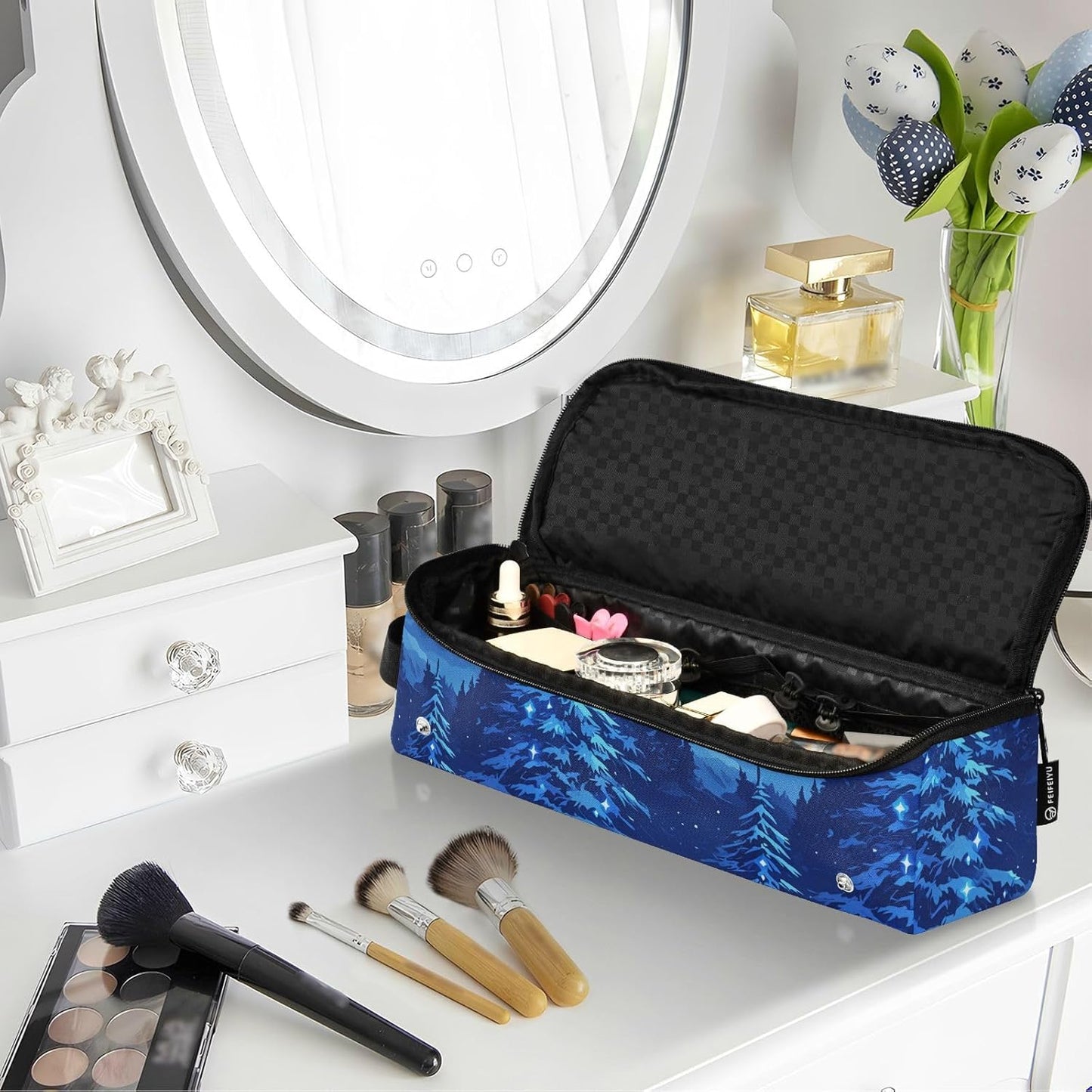 FRODOTGV Blue Forests - Borsa da viaggio per attrezzi da capelli, con cuscinetto resistente al calore, impermeabile, organizer da viaggio per strumenti caldi e accessori per la cura dei capelli