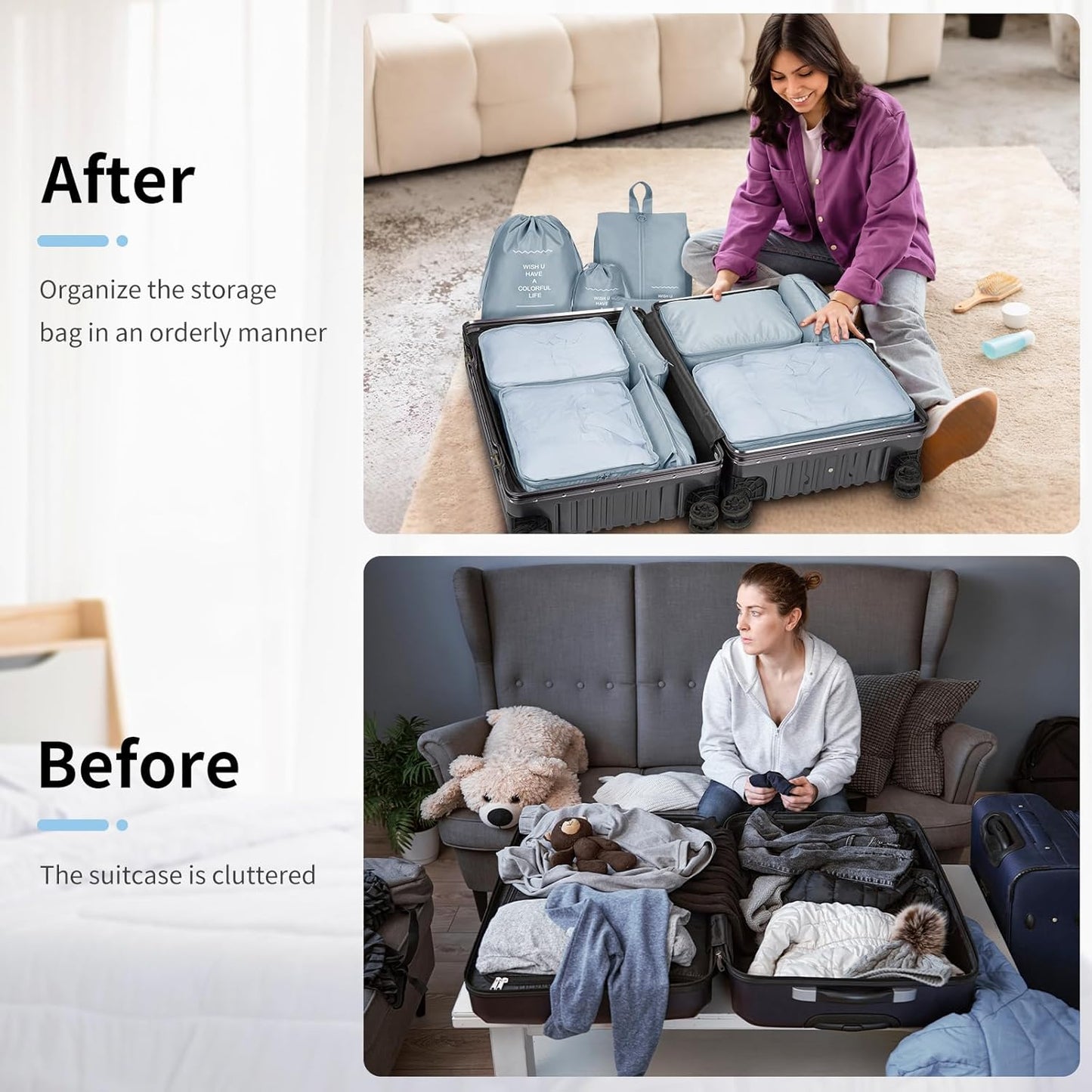 Coolzon Packing Cubes Travel Suitcase Organizer Set of 11, Compression Luggage Organizer Space-Saving for Clothes, Ultralight, Shoes, Underwear, Black, grey