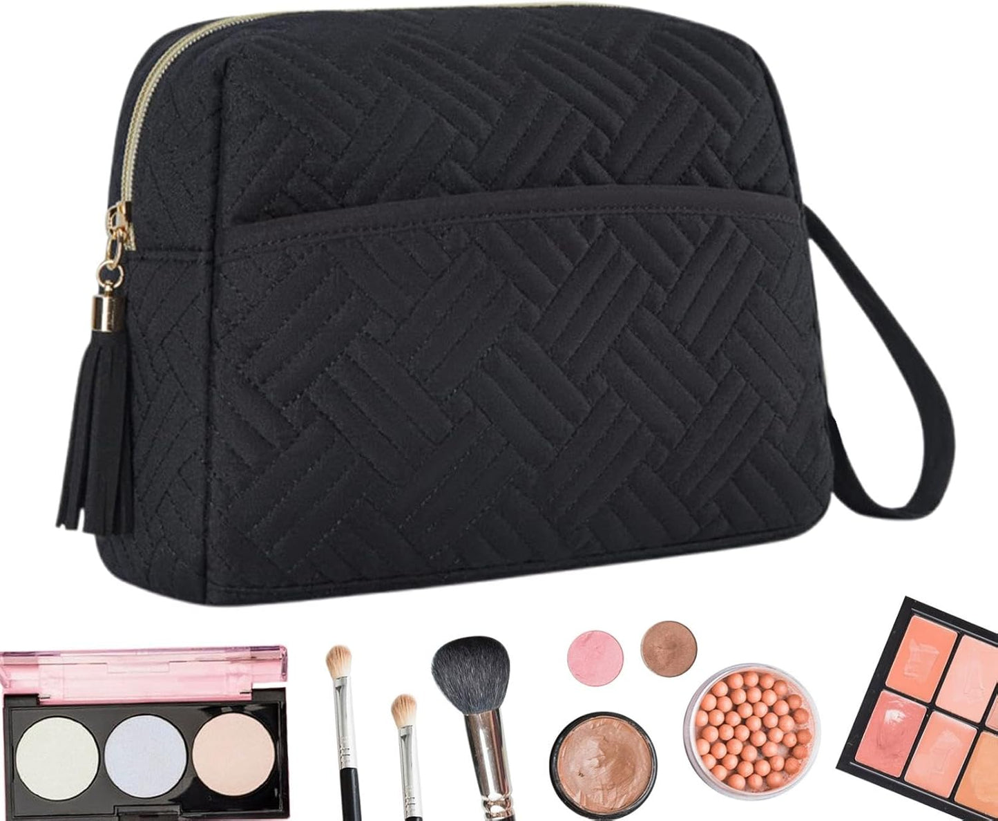 Large Capacity Makeup Bag, Waterproof Cosmetic Organizer with Strap, Travel Toiletries Pouch for Beauty Necessities, Brushes, Accessories, and Daily Use, Black, Please refer to description