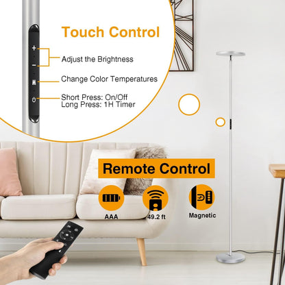 OUTON Floor Lamp Modern, LED Torchiere Lamp 30W 3000LM, Tall Standing Lamp with 4 Color Temperatures, Stepless Dimmable, Remote and Touch Control, 1 Hour Timer for Living Room Bedroom, Silver Grey