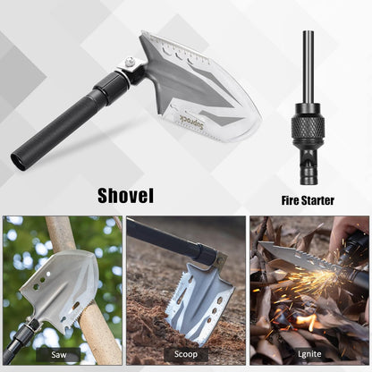 Survival Tactical Shovel Axe - High Carbon Steel Folding Entrenching Tool for Camping, Hiking - Carrying Pouch Included - Car Emergency Survival Gear