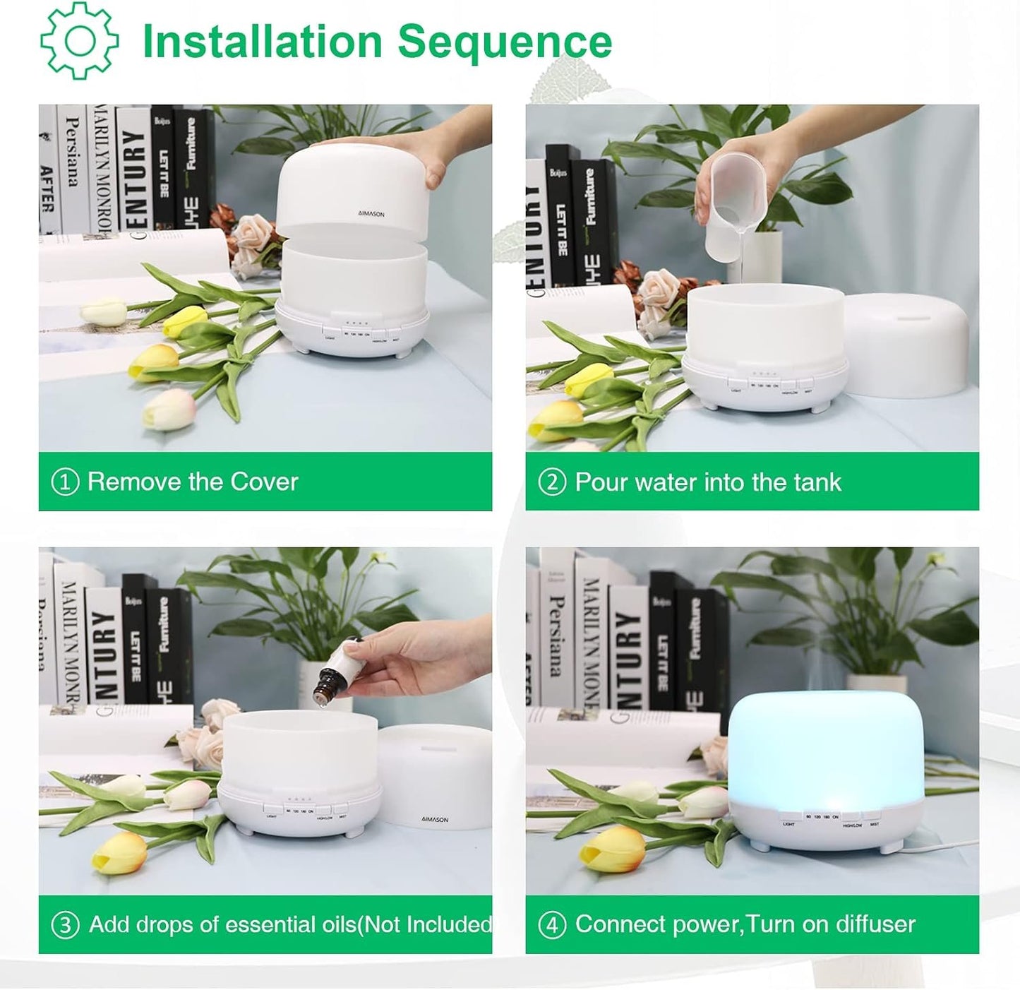 500ml Aromatherapy Essential Oil Diffuser, Ultrasonic Remote Control Cool Mist Fragrance Oils Humidifier, Electric Aroma Air Purifier for Home Bedroom 7 LED Color Lights, Timer, Auto Shut-Off (White)