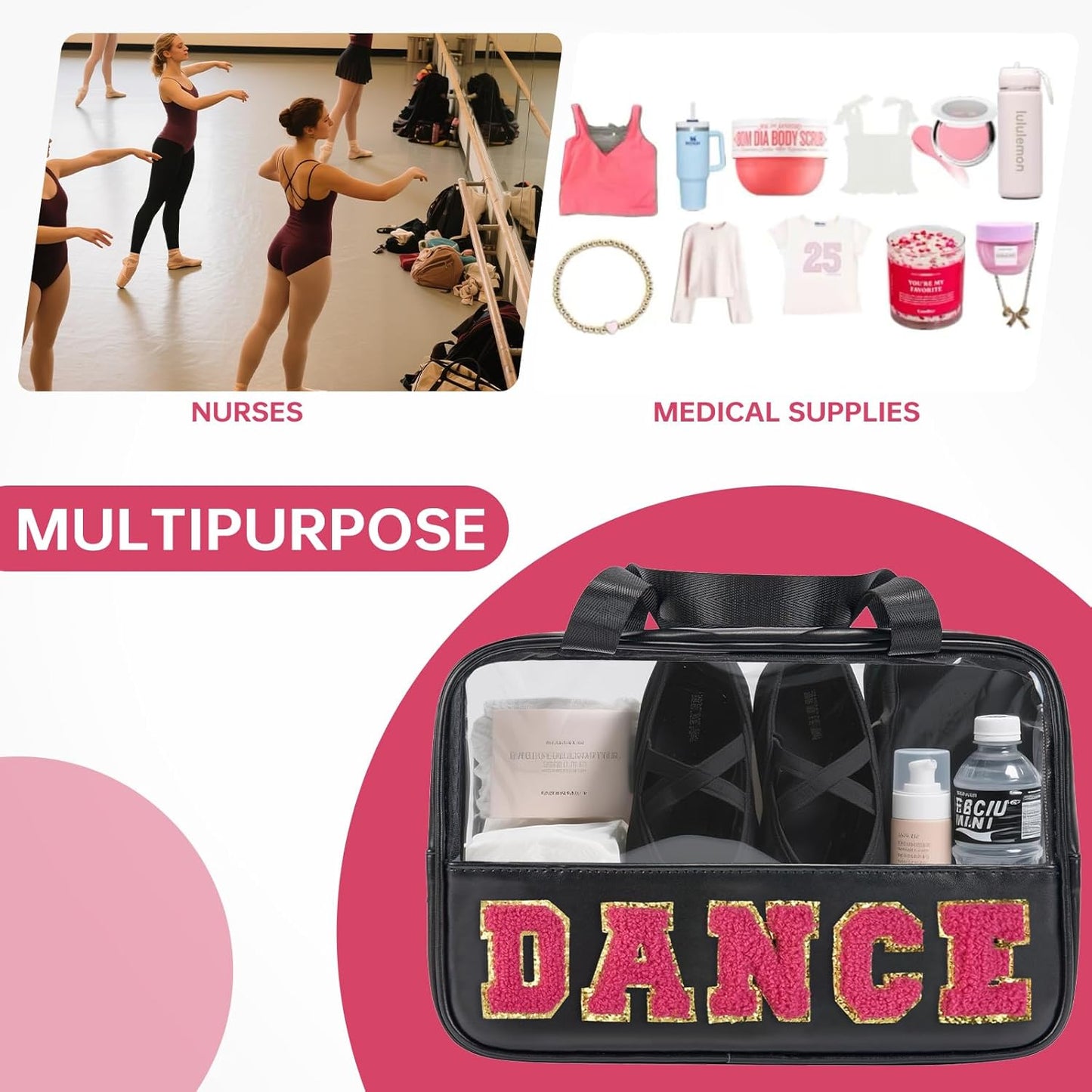 Dance Bag Dace Recital Gifts Clear Makeup Bag Dance Competition Must Haves, Dance Accessories for Girls Dance Stuff Preppy Cosmetic Bag Travel Toiletry Bag (STB-MH-CHEER, STB-HS-DANCE)