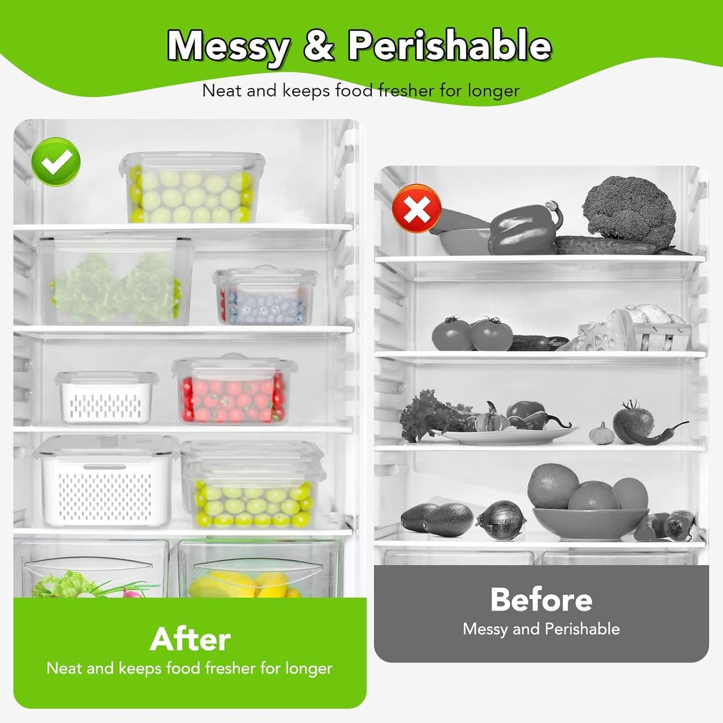 5 PCS Fruit Storage Containers for Fridge, 5 Sizes (13oz-140oz) Leakproof & Airtight with Silicone Seal, Draining Colander, Food Grade BPA-Free, Keep Fruits Vegetables Fresh for Camping, Kitchen