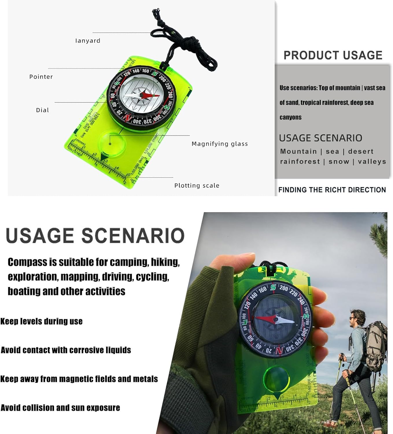 Lightweight Compass for Hiking | Precise Orienteering Compass for Outdoor | User Friendly Camping Gear, Lightweight Travel Supplies for Survival