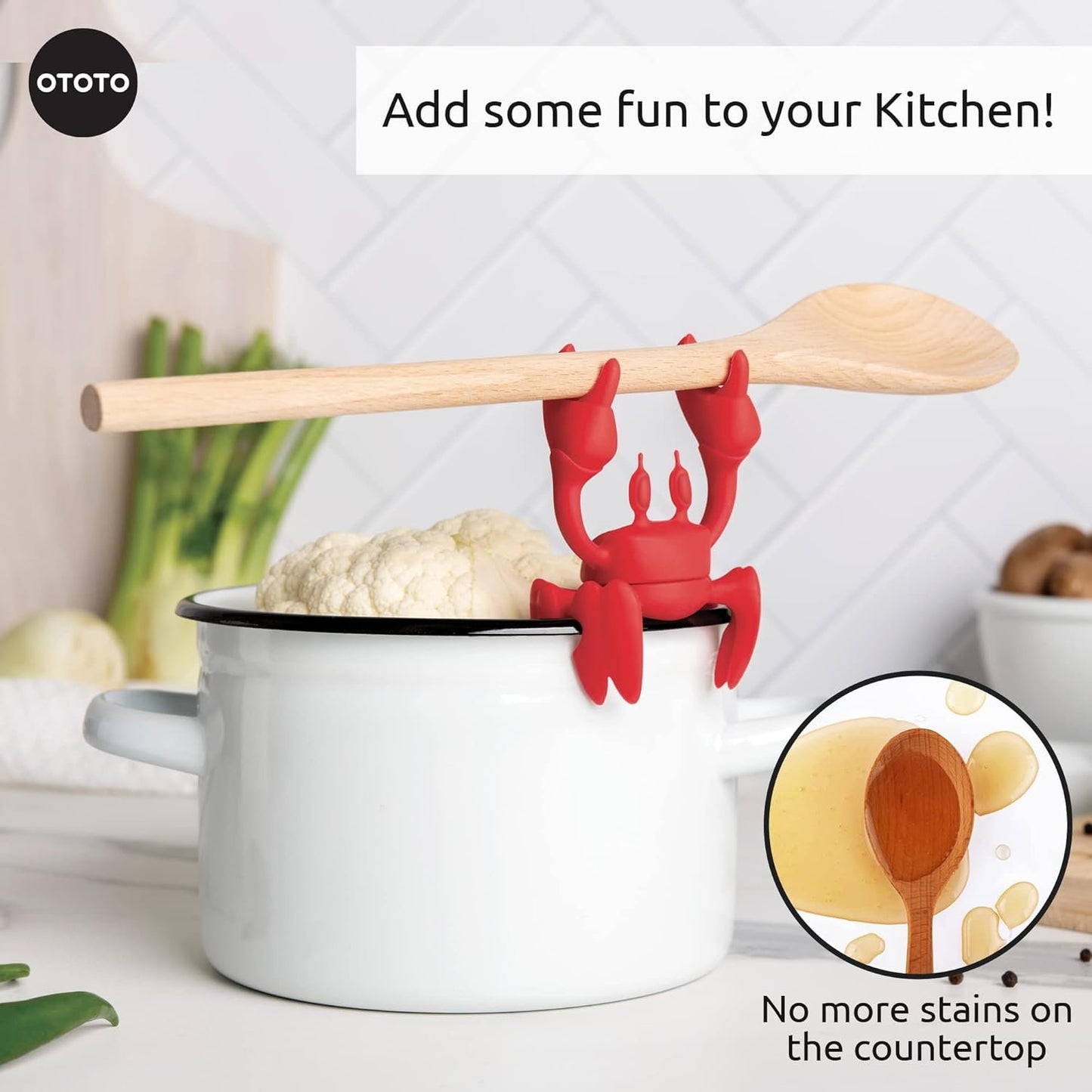 OTOTO Red The Crab Utensil Rest - Cooking Gifts, Spoon Rest Repose Cuillère - Heat-Resistant Steam Releaser, Non-Slip Spoon Holder, Chopstick Holder