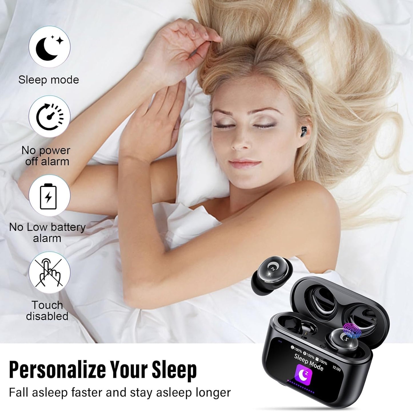 Sleep Earbuds, Bluetooth 5.4 Mini Wireless Ear Euds with Multifunctional Touch Screen, 48H Bass Stereo Headphones with Sleep Mode/5 EQ Modes/ENC Noise Cancelling, IPX7 Earphones for iOS Android