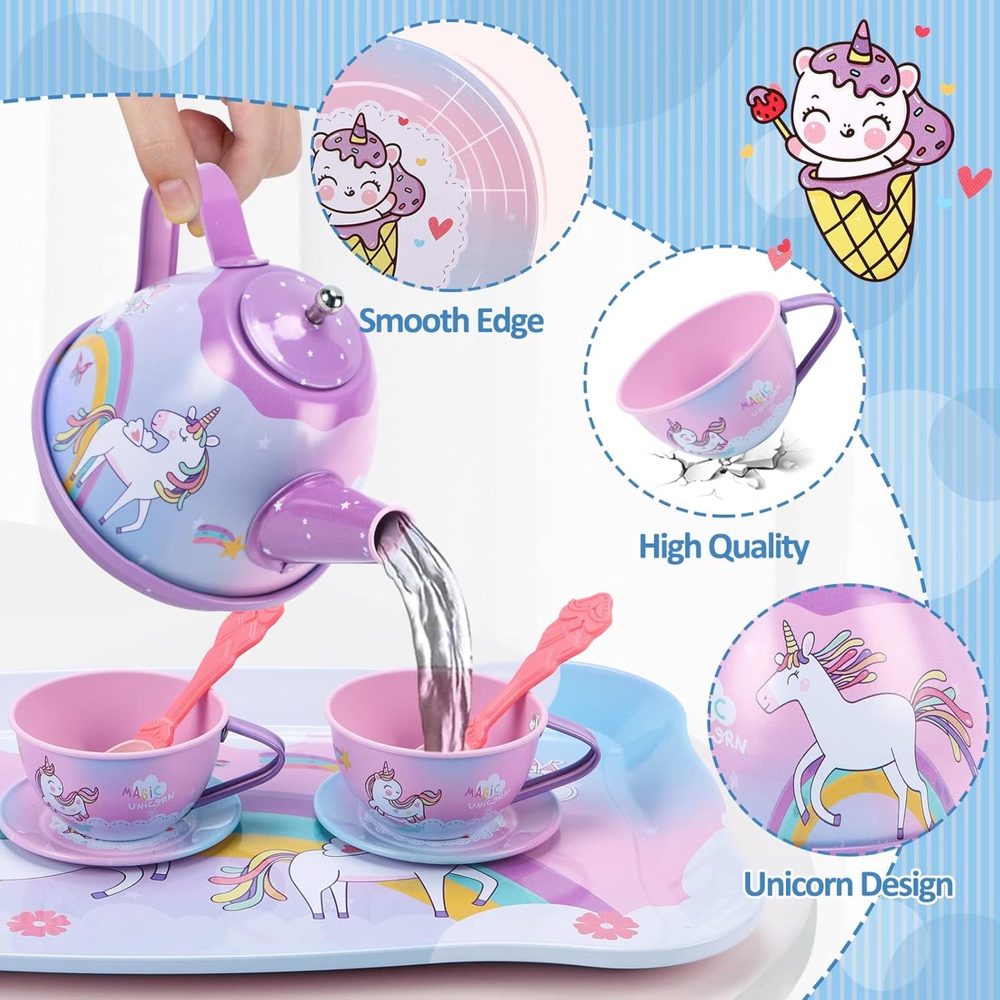 REMOKING Unicorn Toys for Girls,48 PCS Kids Tea Set for Kids,Pretend Toy with Play Desserts,Tin Teapot,Educational Play Food Princess Toy Gift,Toddler Toys for 3-7 Year Old Girls Boys