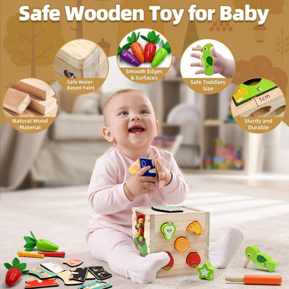 Montessori Wooden Educational Toys, Wooden Activity Cube Center Toys, Baby Toy 6 to 12 Months, Preschool Learning Activities, Fine Motor Skills Sensory Toys for 2 3 4 Year Old Boys Girls