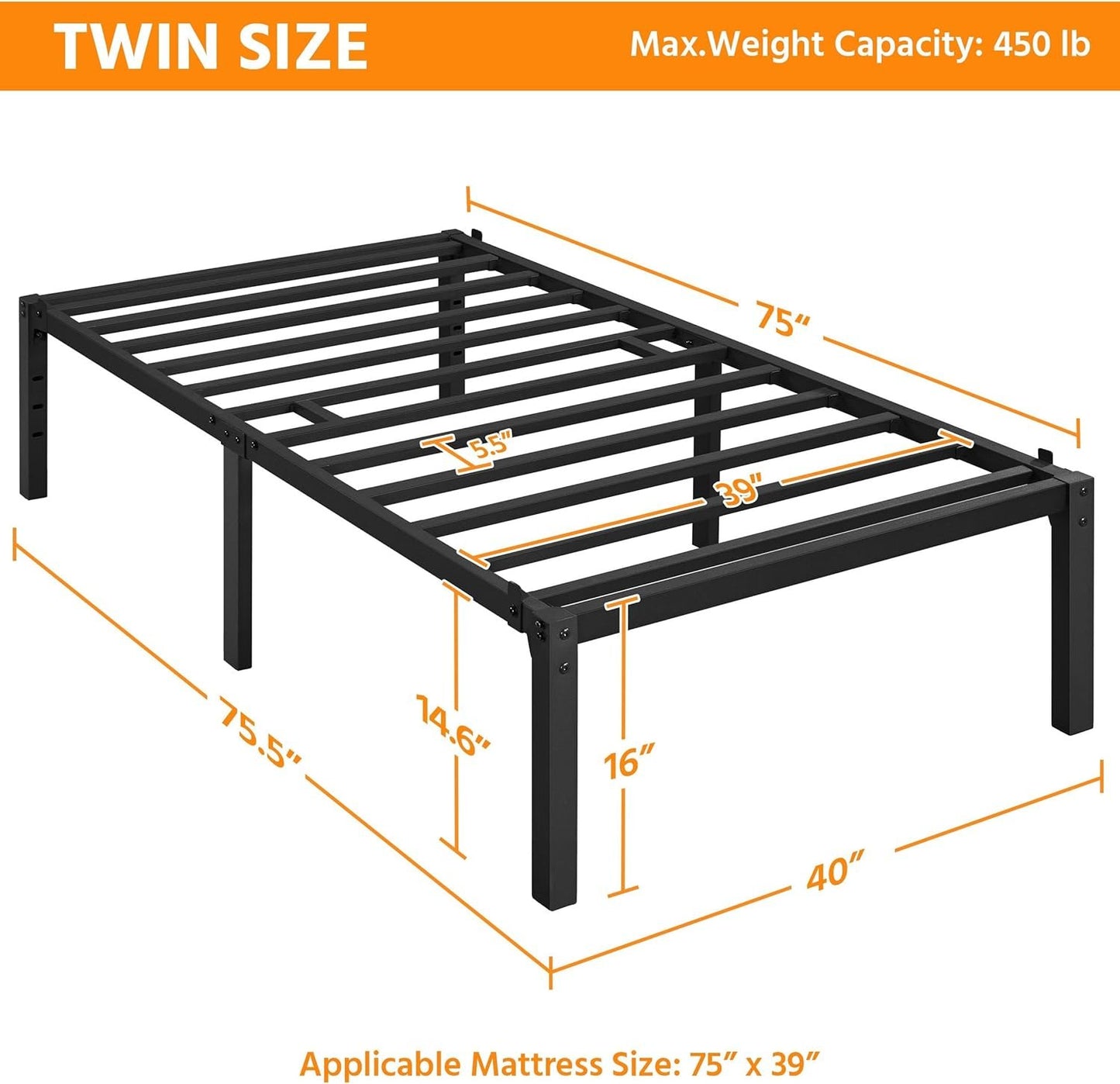 Yaheetech Twin Bed Frames, 16 Inch Metal Platform Bed with Steel Slat Support, No Box Spring Needed, Underbed Storage, Easy Assembly,Twin Bed
