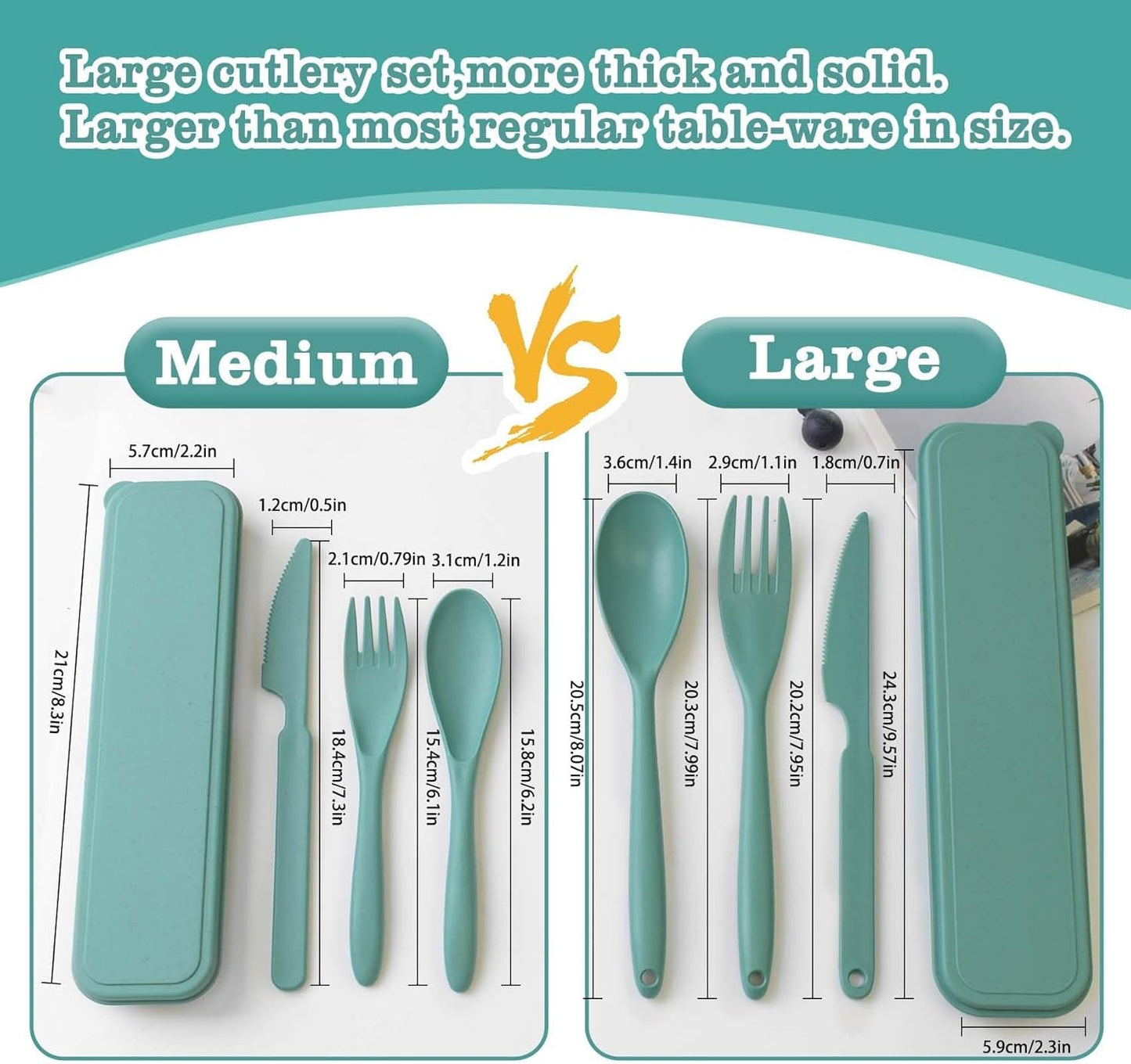 Large Travel Cutlery Set with Case, Portable Camping Utensils Reusable Plastic Knife Spoon and Fork Set, 3 Sets Travel Utensil Set for Lunch Box, Work, Picnic (Orange, Yellow, Dark Green)