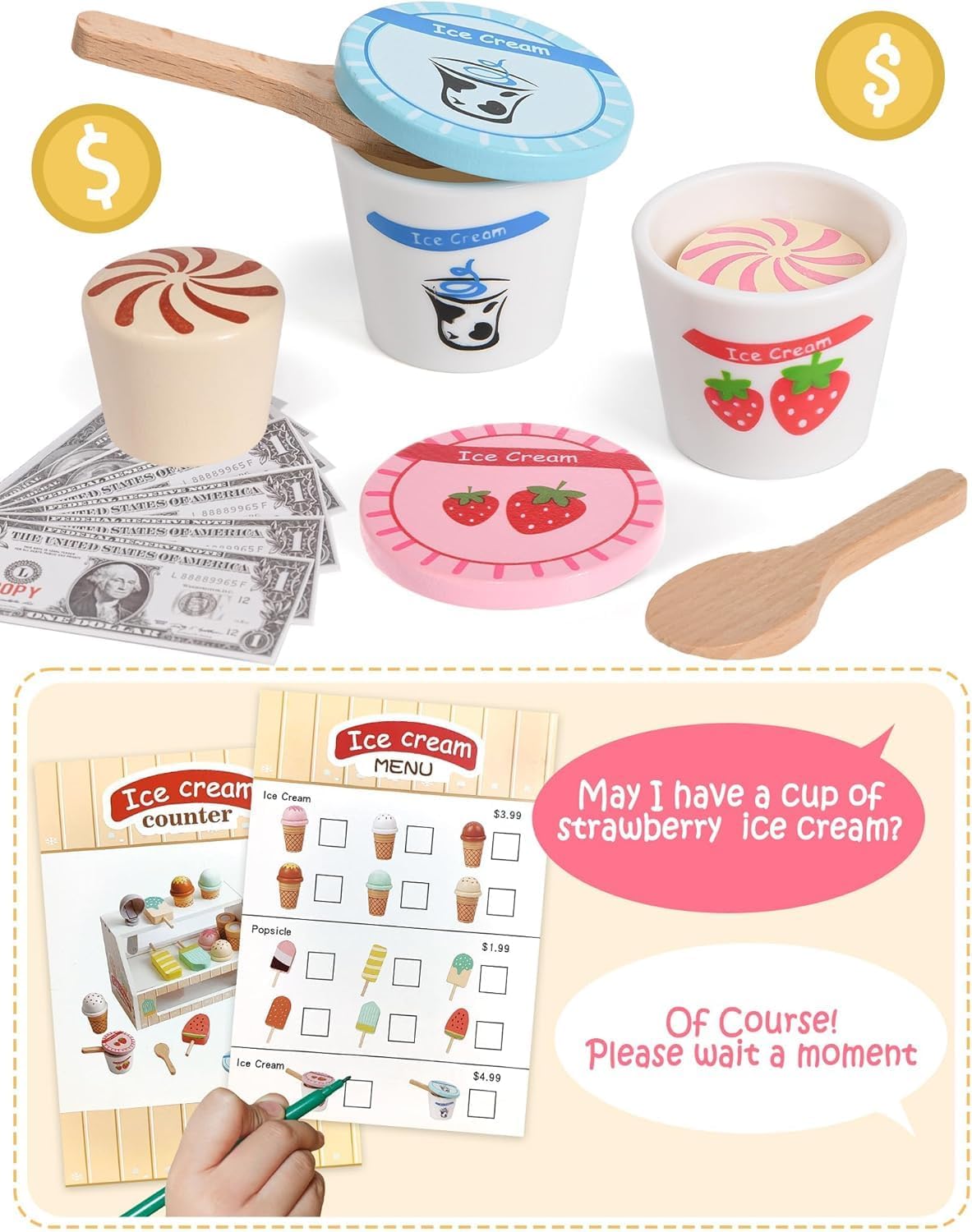 Wooden Ice Cream Toys Kids Pretend Play Store Toys for Toddlers Girls 3-5, Play Kitchen Accessories with Counter & Menu, Wooden Food Christmas Birthday Gifts for 3 4 5 Year Old Girls Boys