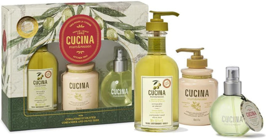 Fruits & Passion Cucina Kitchen Trio Holiday Gift Set - Hand Soap, Regenerating Hand Cream, and Fragrant Kitchen Mist with Olive Oil - 200ml, 150ml, 100ml - Festive Nourishment for Your Kitchen