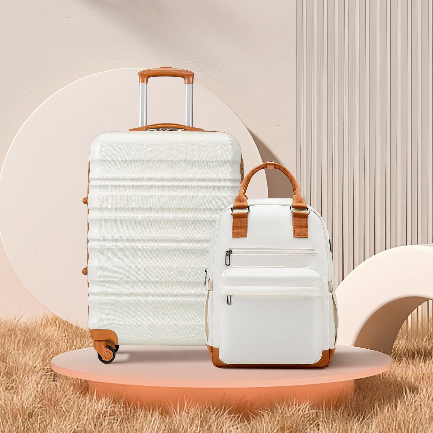 LONG VACATION Luggage Set 4 Piece Luggage ABS Hardshell TSA Lock Spinner Wheels Carry on Suitcase(White-Brown, 6 Piece Set（BP）)