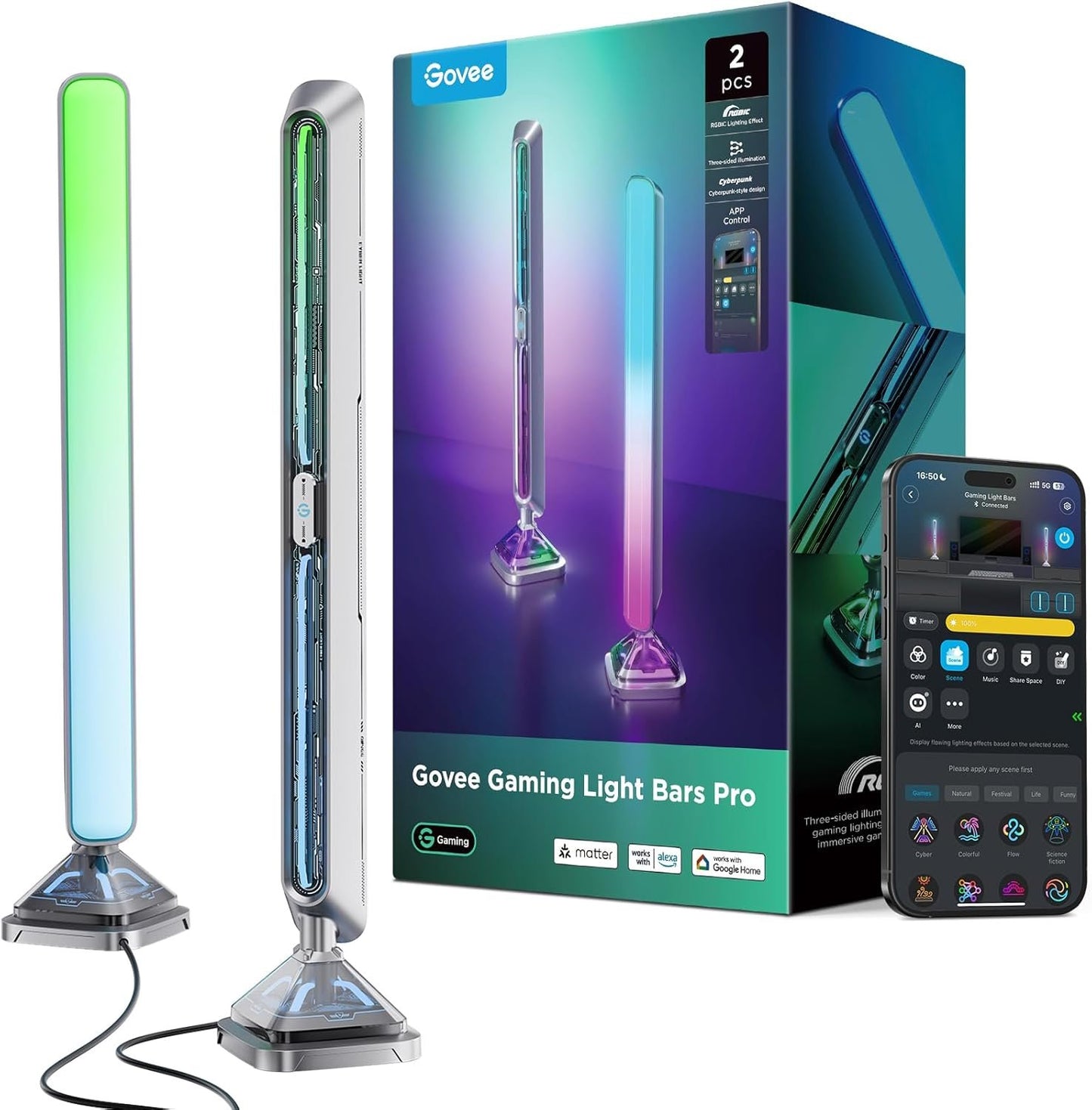 Govee Gaming Light Bars Pro, Upgraded 16-Inch Smart Triple-Sided RGBIC Illumination Wi-Fi LED Gaming Lights, Music Sync & 60+ Scene Modes, Works with Alexa & Google Home, Game Room Decor