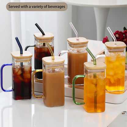 Glass Drinking Cup 400ML Square Glass Tumbler with Handle Clear Coffee Cups with Lids and Straws Portable Water Bottles Milk Jar Can hold various beverages. (Transparent)