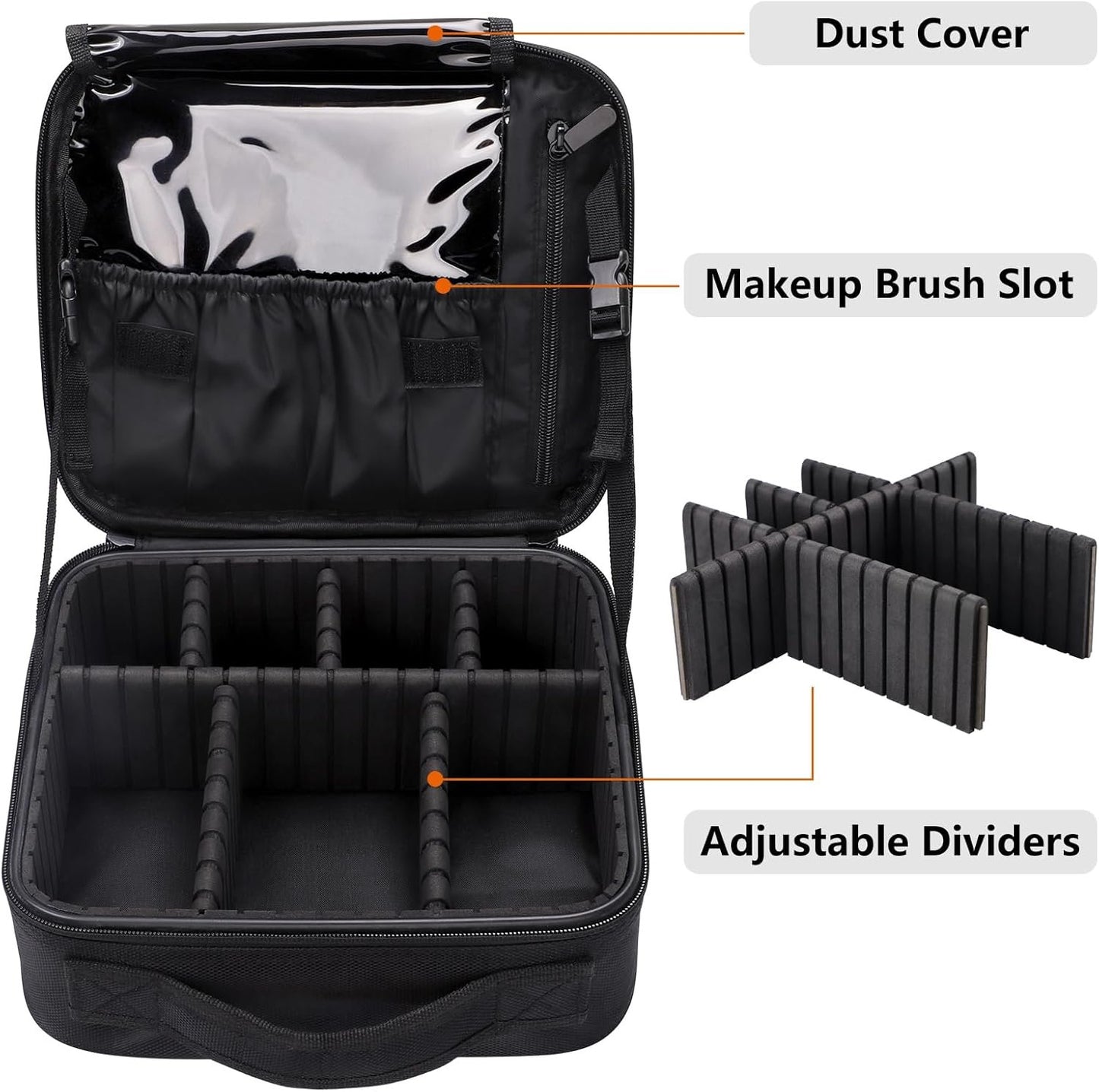 GZCZ Travel Makeup Bag,Large Capacity Makeup Train Case Portable Artist Cosmetic Bag with Adjustable Dividers for Cosmetics Makeup Brushes Toiletry Jewelry Digital Accessories （S - Black）
