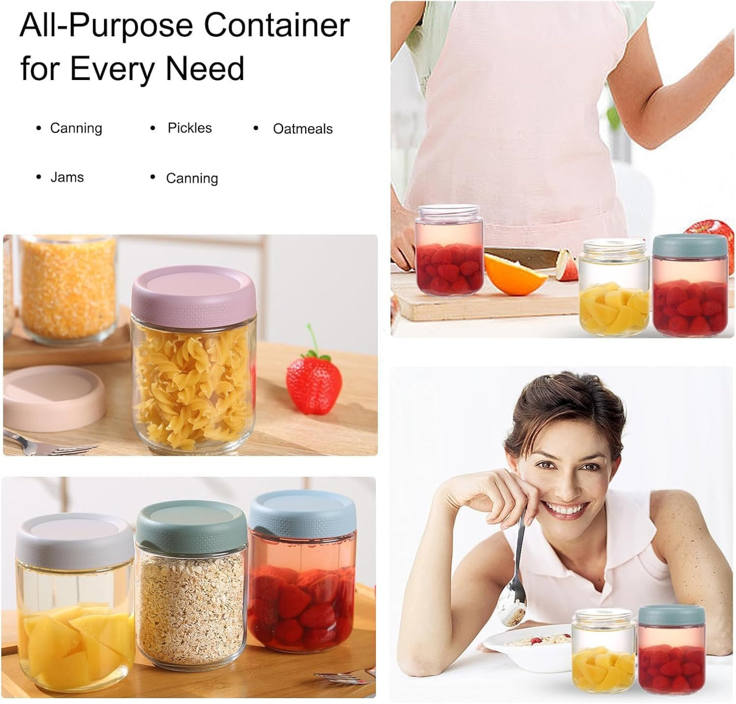 Overnight Oats Containers with Lids, Glass Jars with Airtight Lids, Wide Mouth Mason Jars, Food Storage Containers, Set of 6 (350ml)