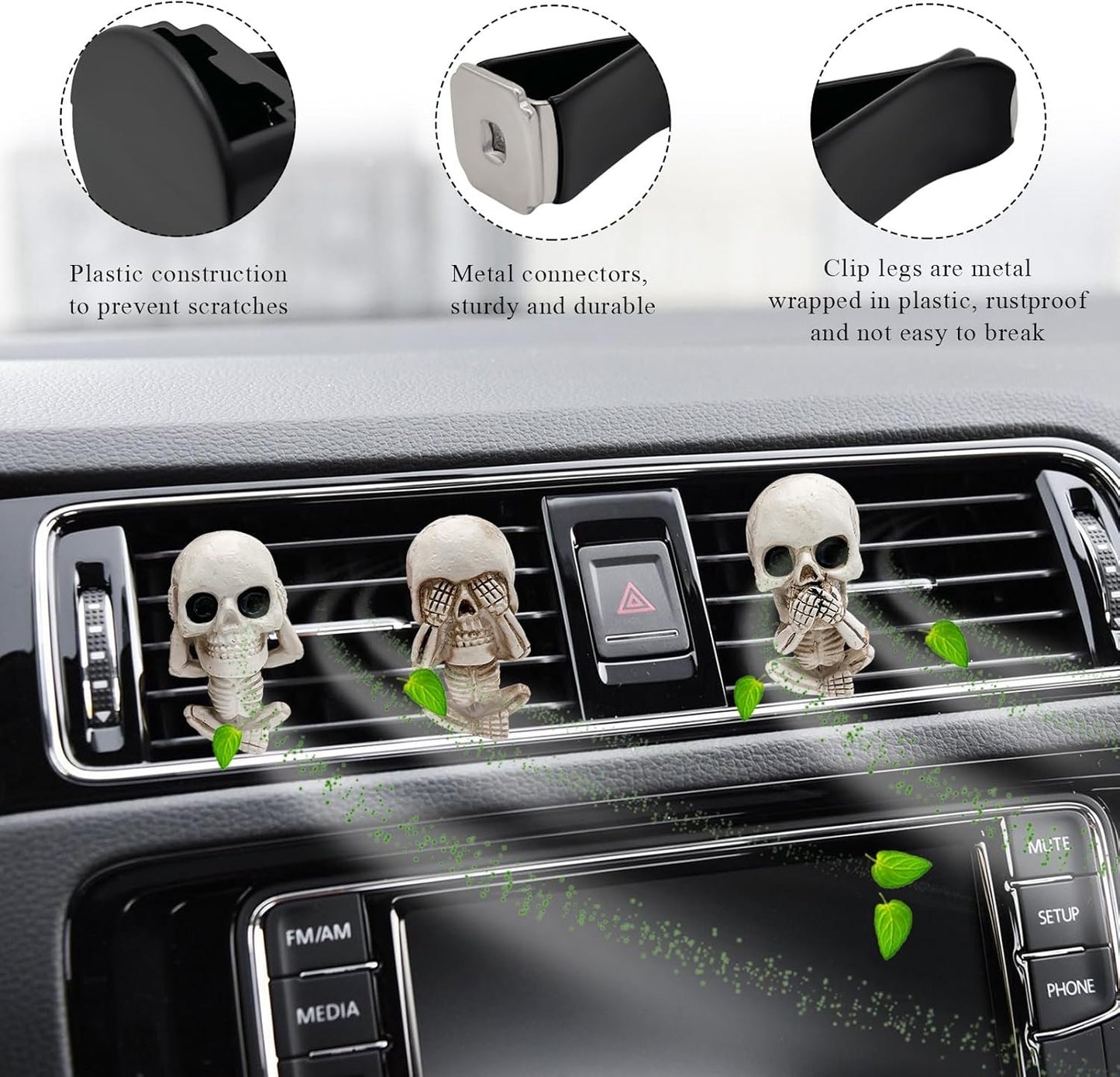 JUSTTOP 3 PCS Skull Car Air Freshener, Cool Skeleton Auto Air Freshener with Vent Clips, Air Fresheners Vent Clips Diffusers for Car Office Home Decor, Interior Car Accessories