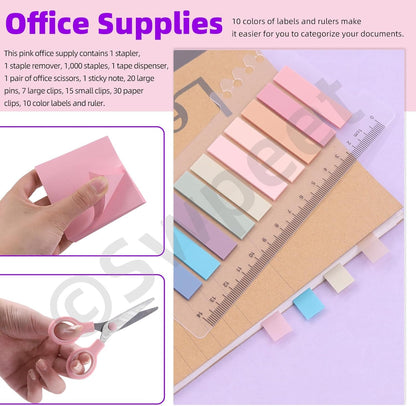 Swpeet 9Pcs Pink Office Supplies Kit, Desk Accessories Including Stapler, Tape Dispenser, Staple Remover, Tabs, Scissors, Staples, Tape, Clips and Sticky Note Ideal for Office and School