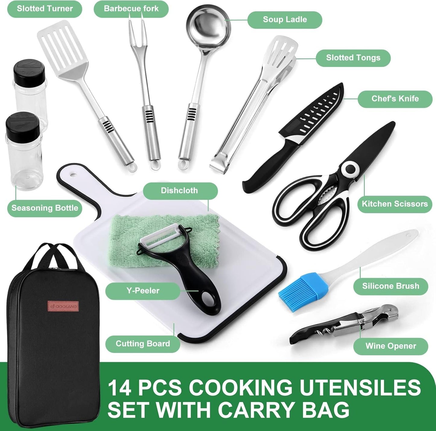 Odoland 14pcs Camping Kitchen Utensils Set, Portable Outdoor Cooking Utensil Mess Kit with Water Resistant Organizer Case for Backpacking BBQ Camping Hiking Travel