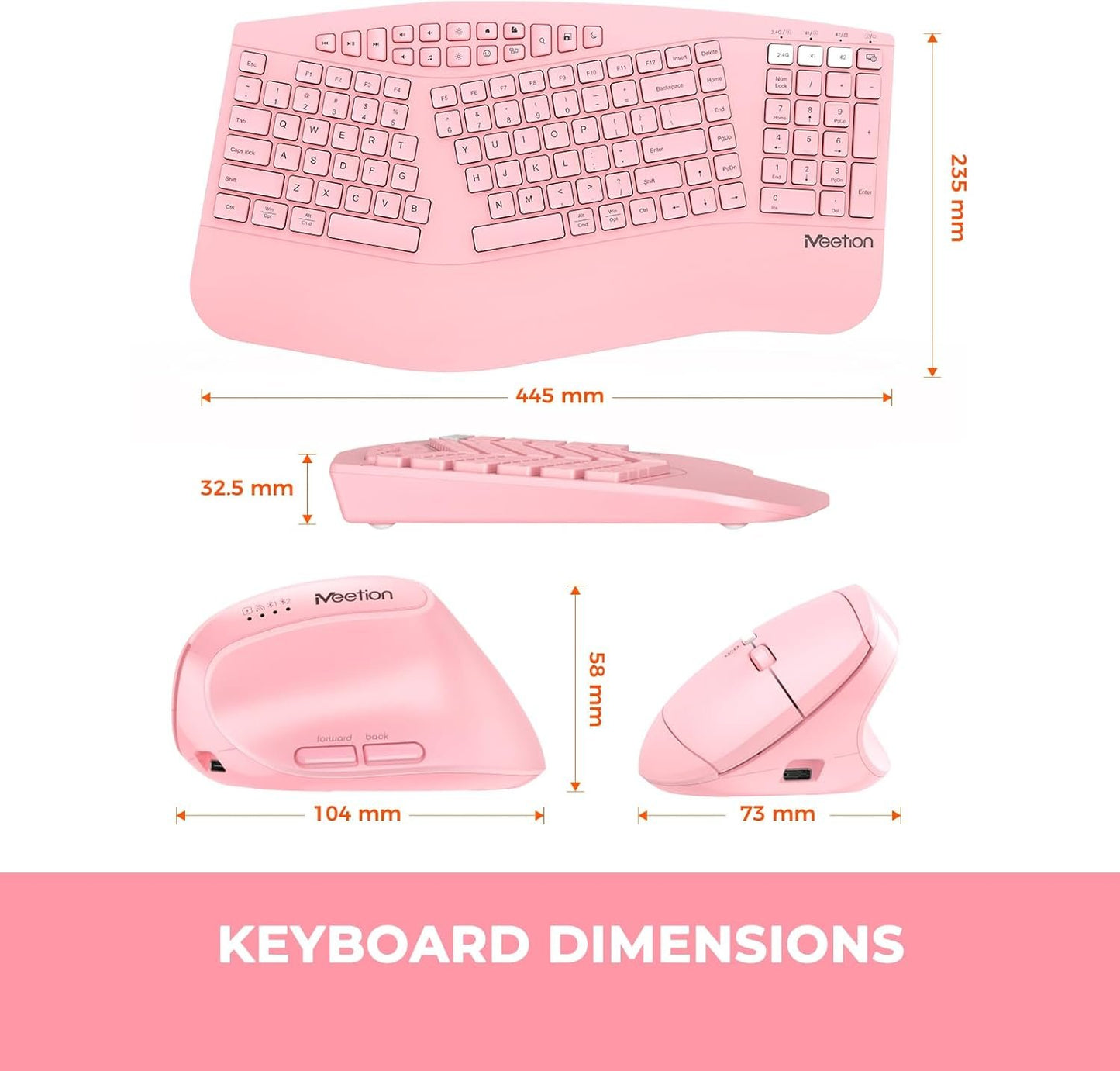 MEETION 2025 Upgrade Pink Ergonomic Keyboard and Mouse, Multi-Device Bluetooth/2.4G Keyboard, 3 DPI Adjustable Wireless Mouse, Full-Sized Rechargeable Cordless for PC/Computer/Laptop/Window
