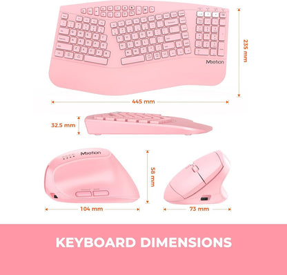 MEETION 2025 Upgrade Pink Ergonomic Keyboard and Mouse, Multi-Device Bluetooth/2.4G Keyboard, 3 DPI Adjustable Wireless Mouse, Full-Sized Rechargeable Cordless for PC/Computer/Laptop/Window