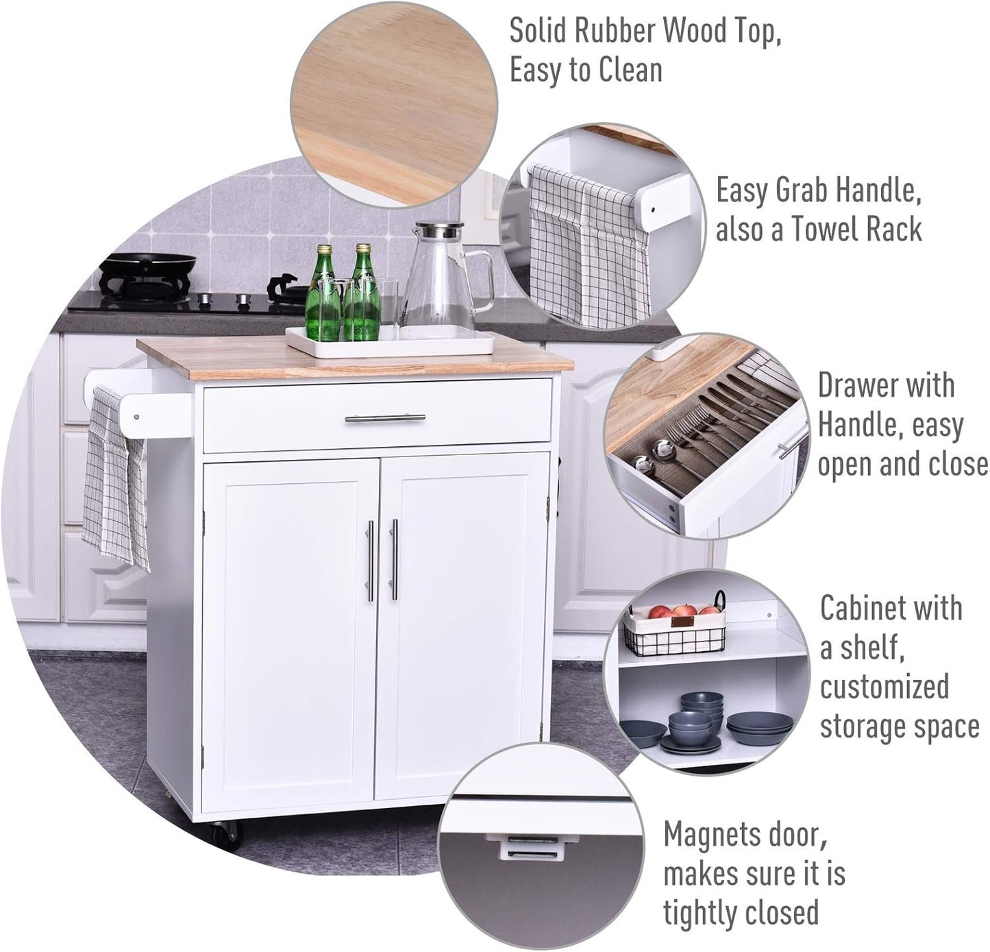 HOMCOM Rolling Kitchen Island Cart with Wood Top, Enough Storage Drawer Space with Towel Bar Rack Shelves, Portable Kitchen Utility Serving Cart Trolley on Wheels (White)