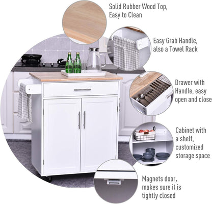 HOMCOM Rolling Kitchen Island Cart with Wood Top, Enough Storage Drawer Space with Towel Bar Rack Shelves, Portable Kitchen Utility Serving Cart Trolley on Wheels (White)