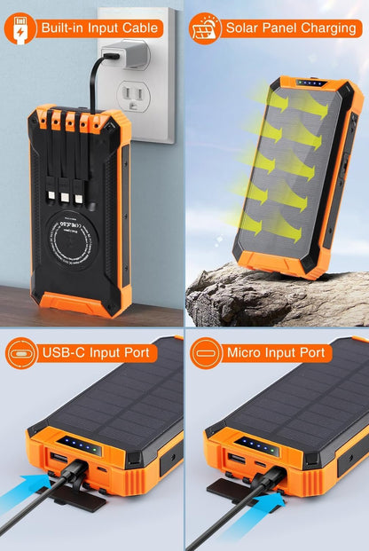 Power Bank, Solar Charger, 48800mAh Wireless Charger Built in 4 Cables Six Outputs 15W Fast Charging Battery Pack for All Mobile Devices Three Inputs Portable Charger with 2 LED Flashlights