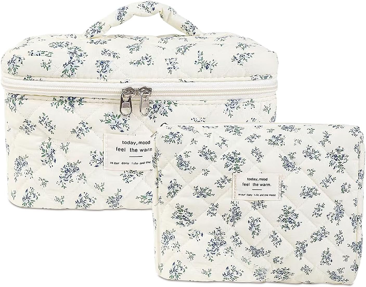 Large Makeup Bag Floral Cosmetic Bag Quilted Flower Travel Makeup Toiletry Bags Set Organizer Cotton Cute Make Up Accessories Zipper Bags Pouch Travel Essentials Gifts for Women Teen Girls Blue