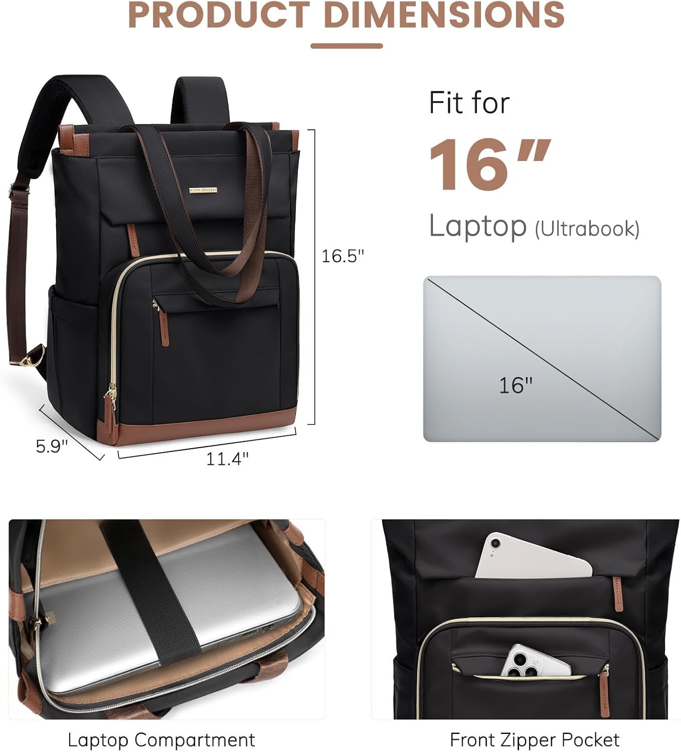 GOLF QUALITY Convertible Backpack Women Carry on Tote Laptop Backpack Bookbag for College Work Nurse Travel