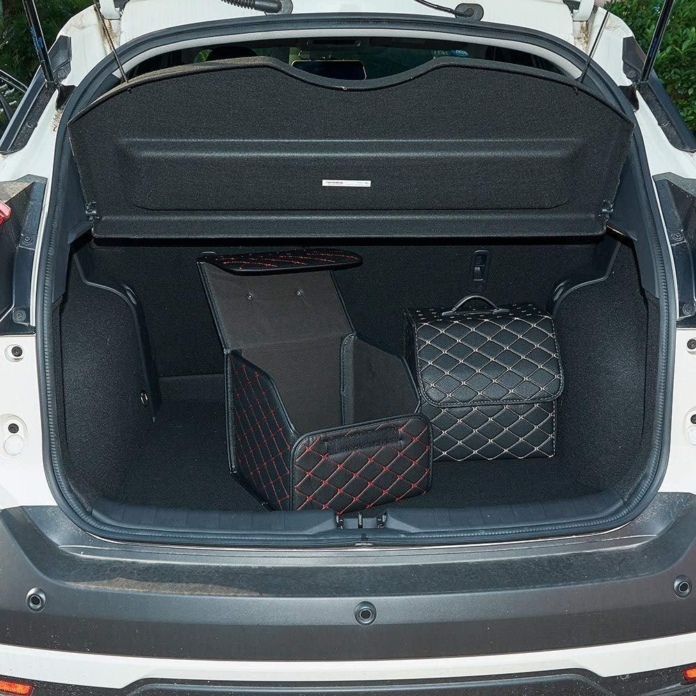 XhuangTech PU Leather Multipurpose Collapsible Car Trunk Storage Organizer with Lid 13inch Portable Auto Tools Cargo Holder Storage Box Tidy Case (Black with red line)